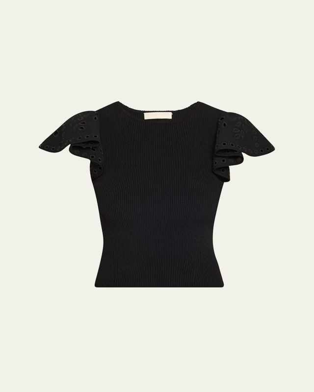 Edith Knit Ruffle-Sleeve Top